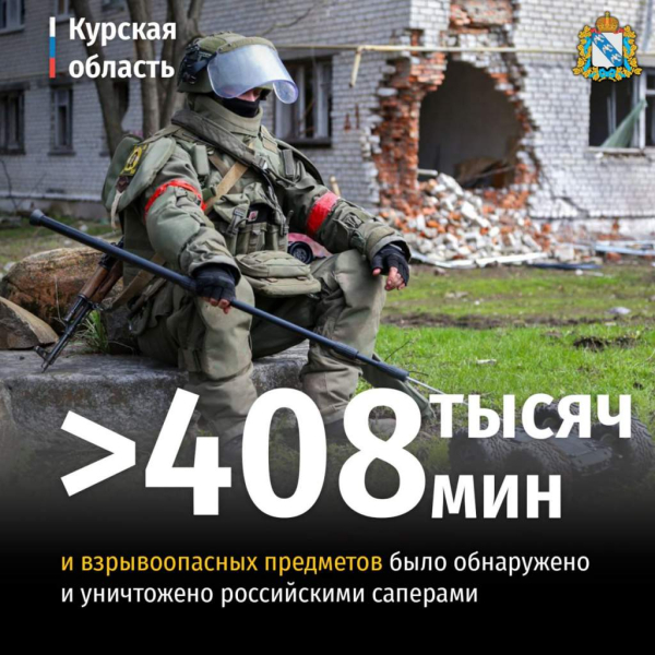 На сегодняшний день российскими саперами было обнаружено и уничтожено 408 338 мин и взрывоопасных предметов в Курской области. Разминировано больше 40 197 га территории, 767 км дорог, более 11 403 зданий.